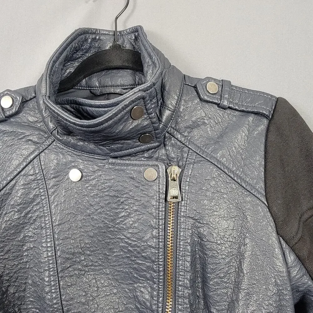 Bernardo Faux Leather Moto Biker Jacket Gray Asym Zip Buckle Hardware - Picture 4 of 10